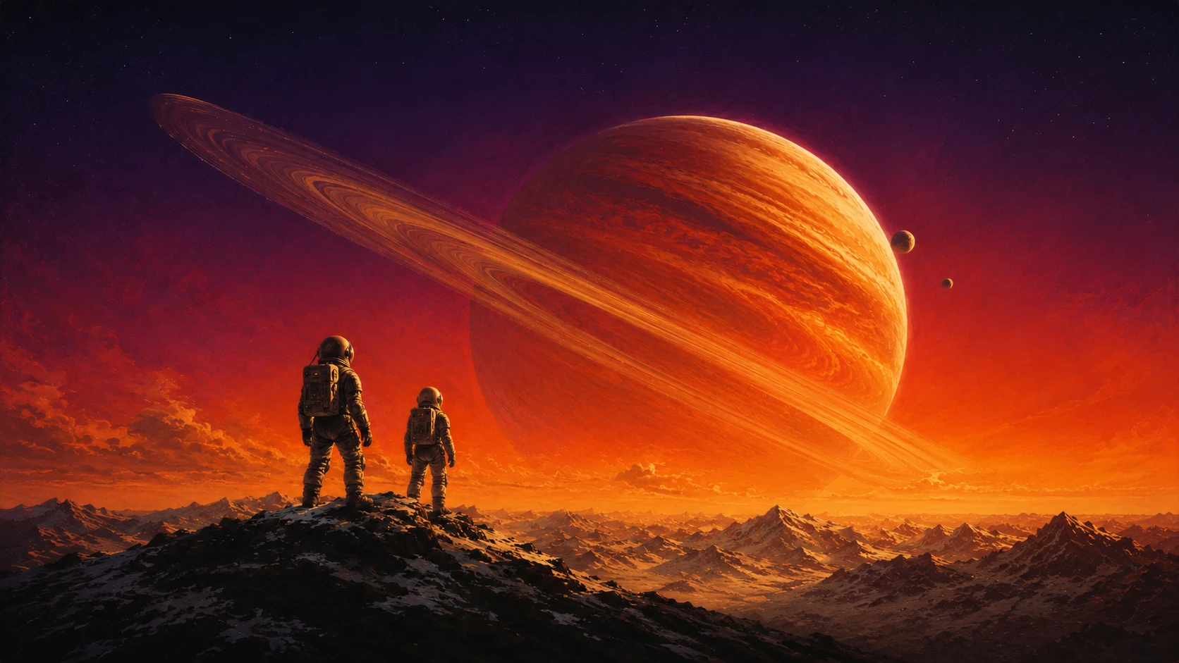 Two astronauts watching a giant ringed planet
