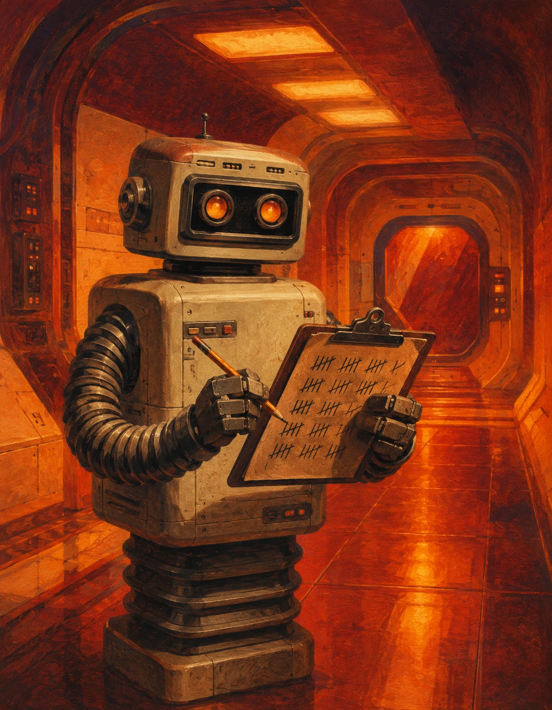 Robot tallying phrases on a clipboard